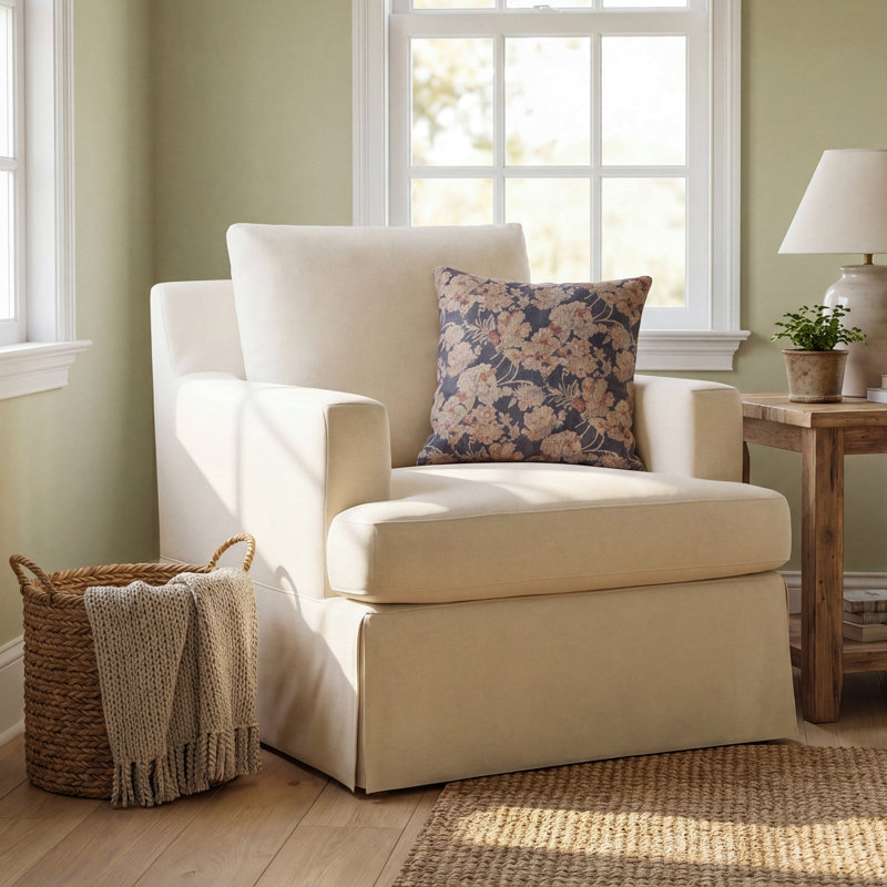 Isadoro 33" Wide Farmhouse Slipcovered Swivel Rocking Armchair with Down Blend Fill, Cream