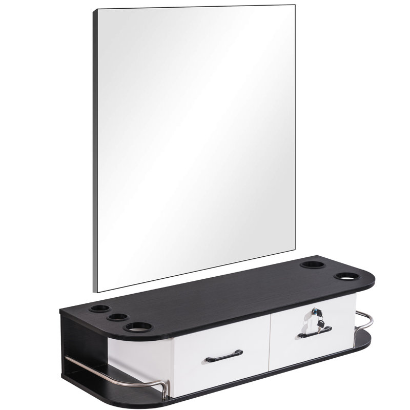Brown Particle Board Wall-Mount Barber Station with Mirror