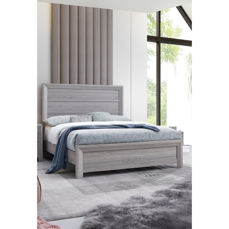 Grand lit en bois rustique gris de style contemporain avec tête de lit et structure robuste, Gris, Grand lit