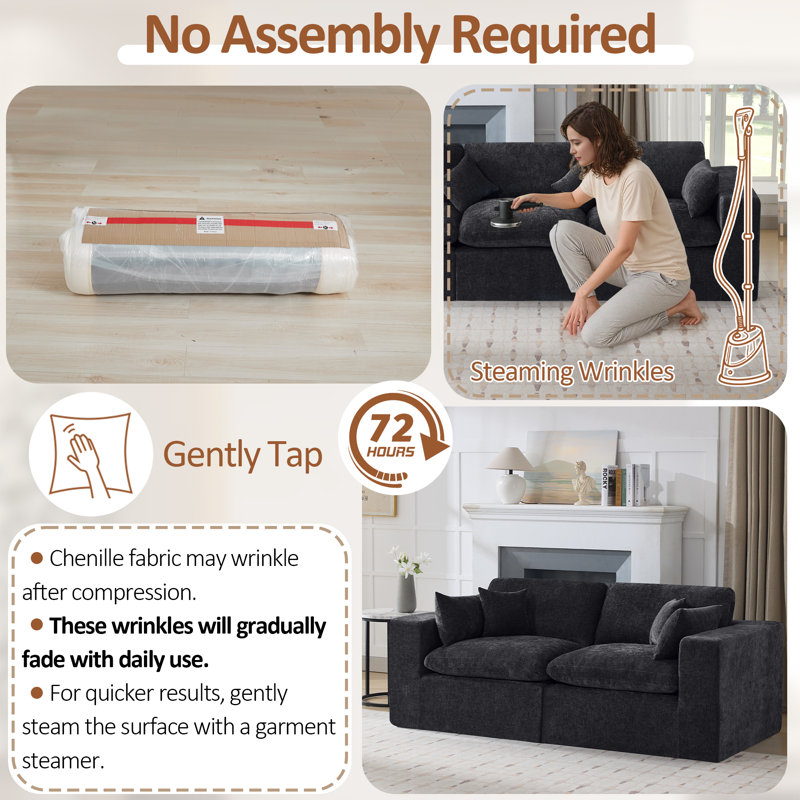 Canapé en chenille, Noir foncé, H 25,1 po x l 83,5 po x P 41,3 po