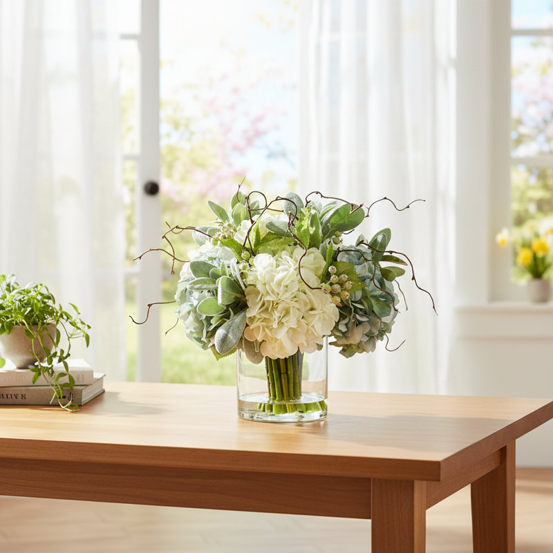 Floral Arrangement with Hydrangeas, Lamb's Ear, and Curly Willow