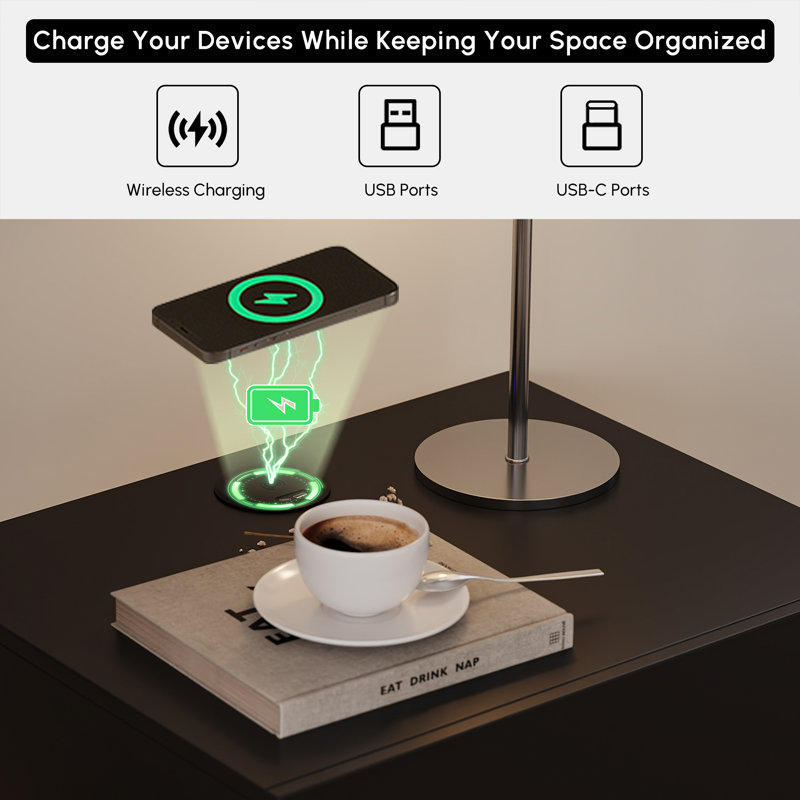 Lumio Black 2-Drawer Floating LED Bedside Table with Charging Station
