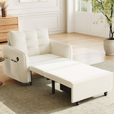 3-In-1 Sleeper Chair Bed, 80" Extra Long Pull Out Sleeping Lounge With USB Charging, Storage Pockets And Box, Tufted Design, Multi-Functional Chenille Single Sofa Bed For Living Room&Apartment