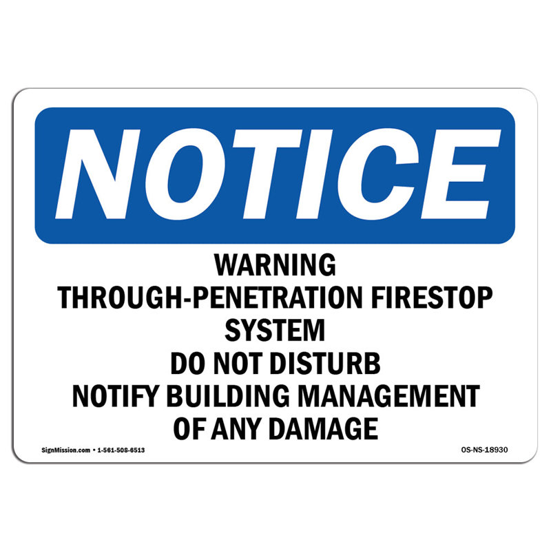Warning Through-Penetration Firestop System Sign, 18" H x 24" W x 0.1" D