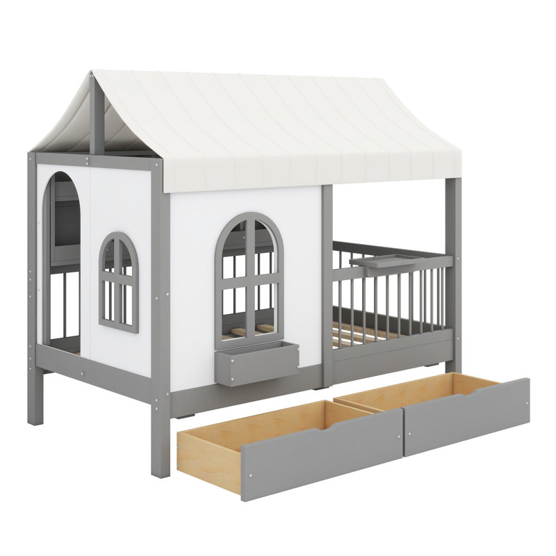 Structure de lit House avec tiroirs sous le lit et tablettes latérales avec bande DEL