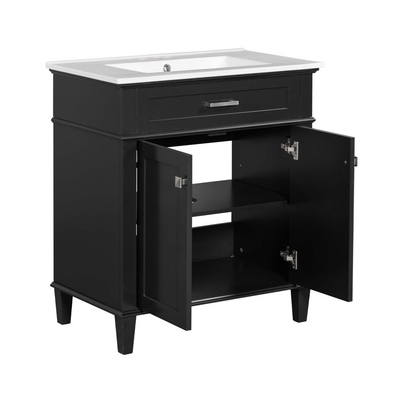 Meuble-lavabo de 30 pouces avec lavabo en céramique, porte à fermeture en douceur et tablettes réglables, Noir