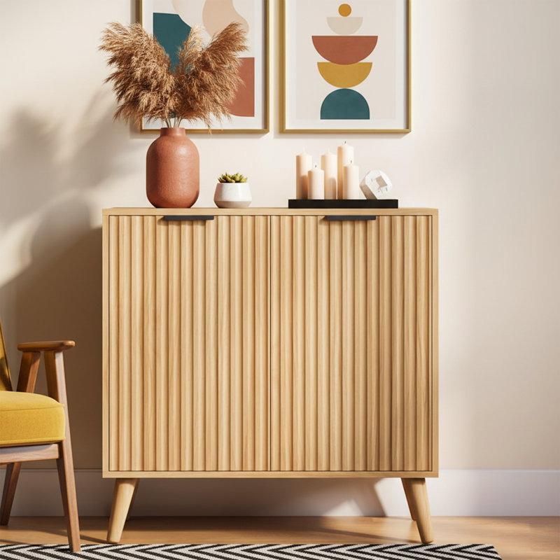 32" Wide Walnut Sideboard Buffet Cabinet With Fluted Doors And Adjustable Shelves, Modern Accent Credenza - Walnut, Natural