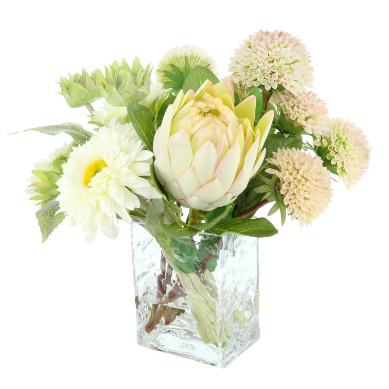 Dahlia, Protea and Sunflower Arranged in a Glass Vase