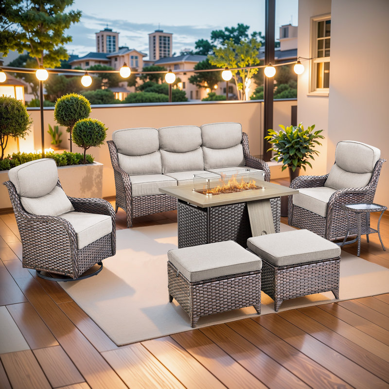 7 Pieces Patio Furniture Set, Outdoor Wicker Sofa Couch With Rocking Swivel Chairs And 55000 Gas Fire Pit, Modern Deep Seat Rattan Conversation Sets For Porch Deck