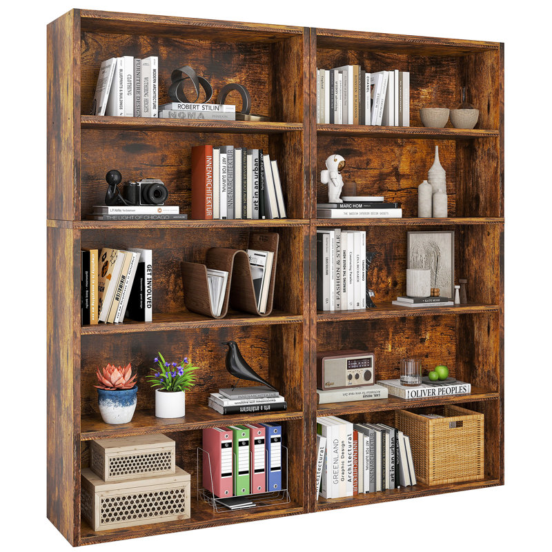 Tall Bookcase - Set Of 2, Storage And Display Bookshelves For Home Office And Living Room, 53" H x 23.8" W x 9.2" D, Brown