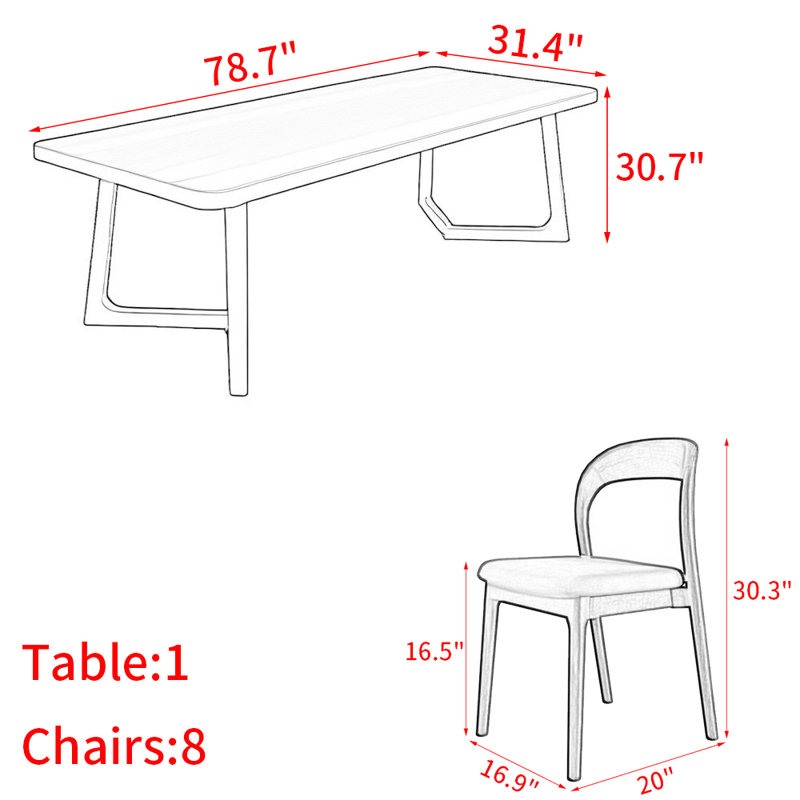 Nordic style all-solid wood rectangular dining table set, 30.7"H x 78.7"L x 31.4"W