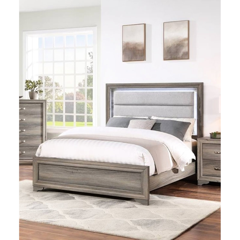 Brown, Burlap, Queen Bed, Led - Illuminated, Horizontal Tufting Headboard, Modern Bedroom Furniture, No Box Spring Style, Design, Lights, Spring,