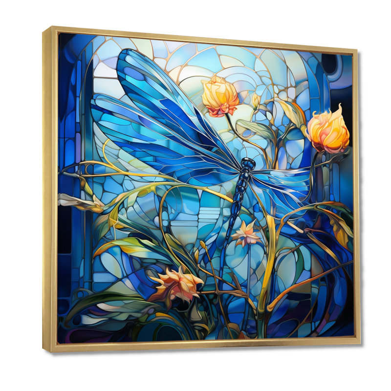 Libellule bleue, fleurs jaunes - Libellule, art mural, Toile flottante dorée encadrée, H 36 po x l 36 po