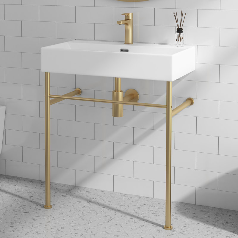 Turner 30" W x 16" D x 35" H Ceramic Rectangular Console Bathroom Sink with Overflow, White/Brushed Gold