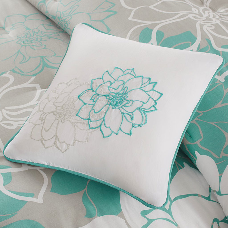Ensemble d'édredon en satin de coton à très grand imprimé - très grande literie à motif floral, Turquoise