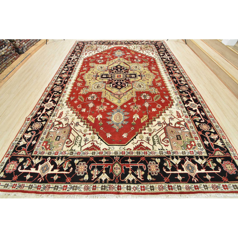 Tapis rouge en laine noué à la main de conception unique 9 pi 10 po x 14 pi Gaelyn
