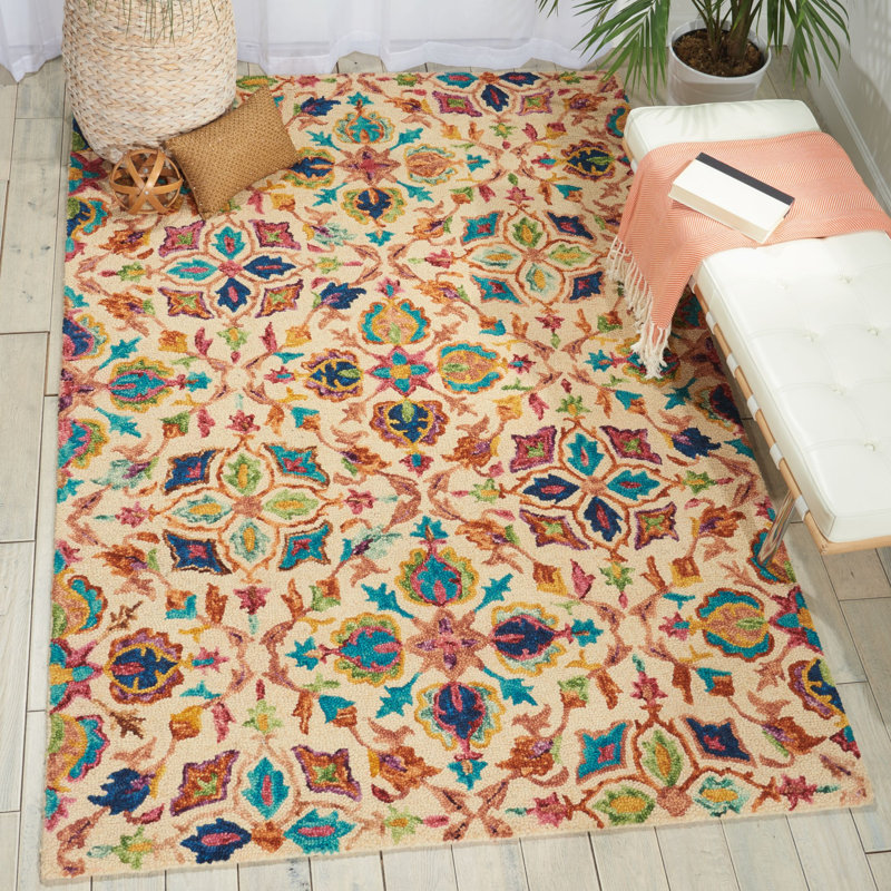 Beahm Hand Tufted Wool Ivory/Blue/Green Area Rug, Rectangle 152 x 229cm