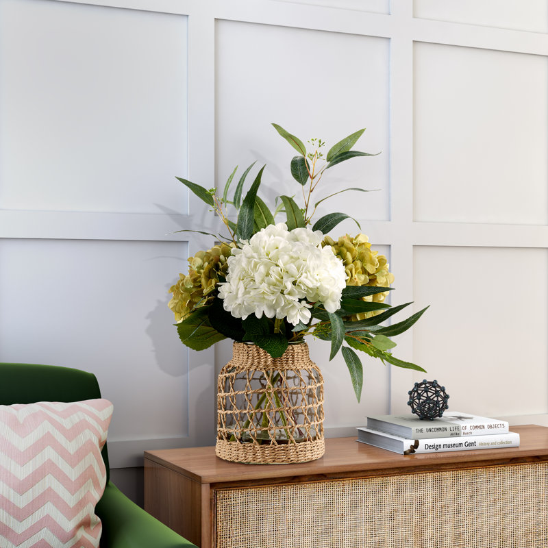 Hydrangeas and Eucalyptus in Jute Wrapped Glass Vase