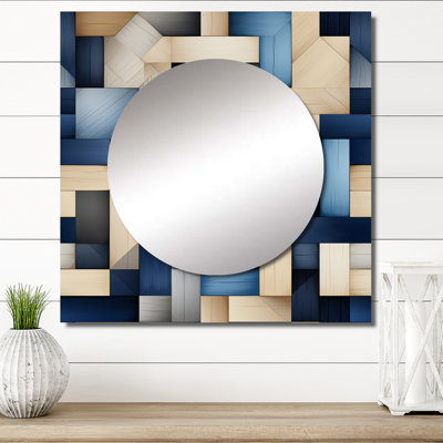 Beige et bleu à rayures Symmetry I - miroir carré moderne pour décoration murale