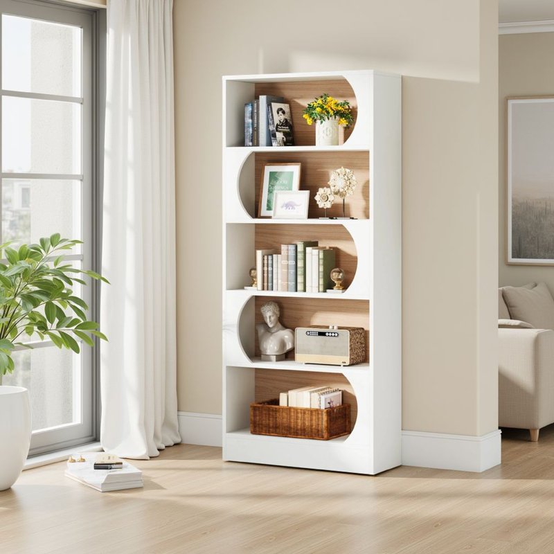 Bibliothèque étagère avec 5 tablettes incurvées modernes, bois blanc moderne de 71 pouces