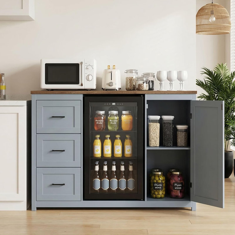 Îlot de cuisine 52 po avec mini-réfrigérateur et armoire à café avec prise de courant intégrée, L 52 po, Bleu