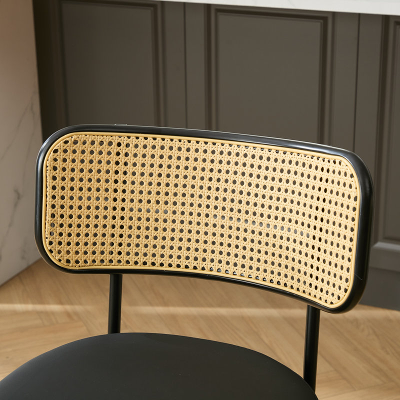 Swivel Upholstered Counter Stools With Rattan Back, Black, 2