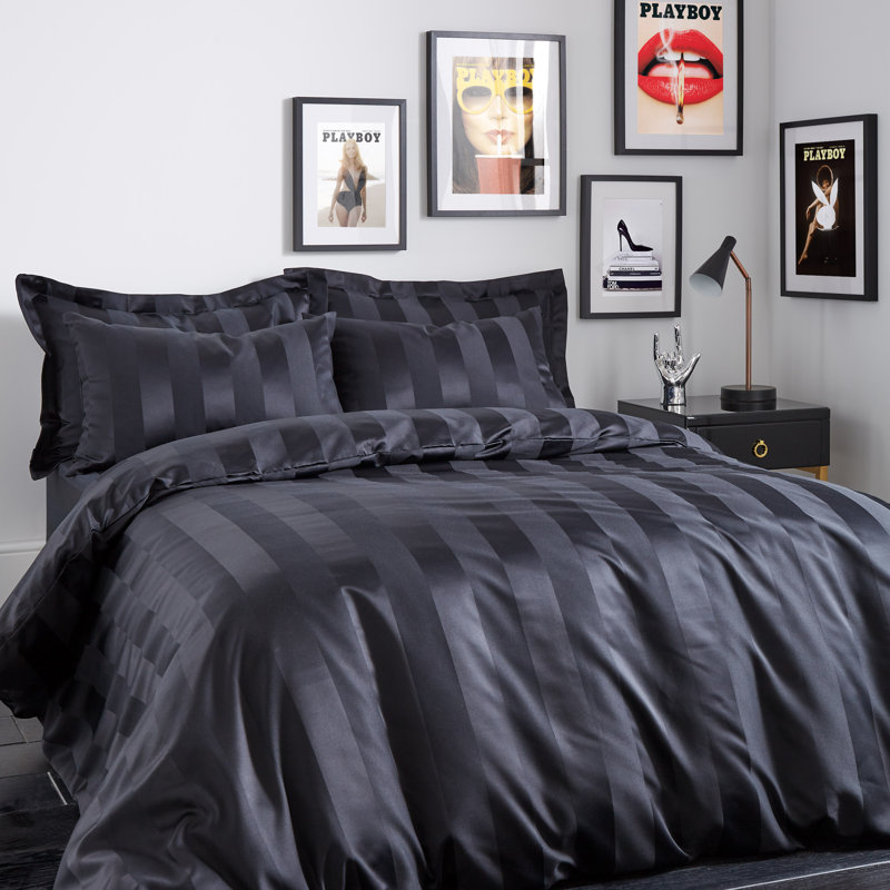 Soft Satin Stripe Duvet Cover Set with Pillowcases with Pillowcases, Single - 1 Standard Pillowcase, Black