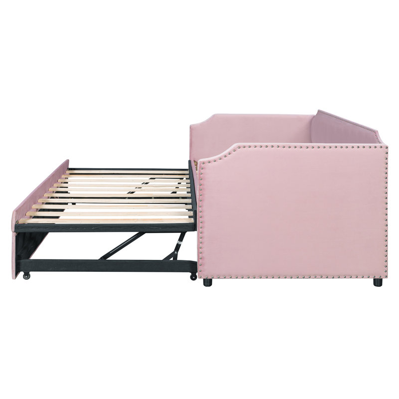 Pink Velvet Twin Daybed with Pop-Up Trundle, Pink