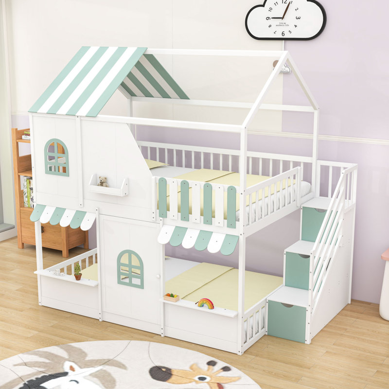 Lit superposé double en bois avec tablettes, escalier et porte, White Mint Green