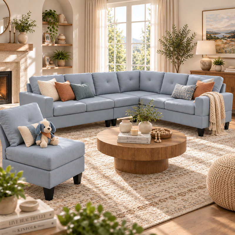 Canapé d'angle modulaire Aura 4 pièces en forme de L avec méridienne, ressorts noués à la main dans huit directions, housses de coussin lavables