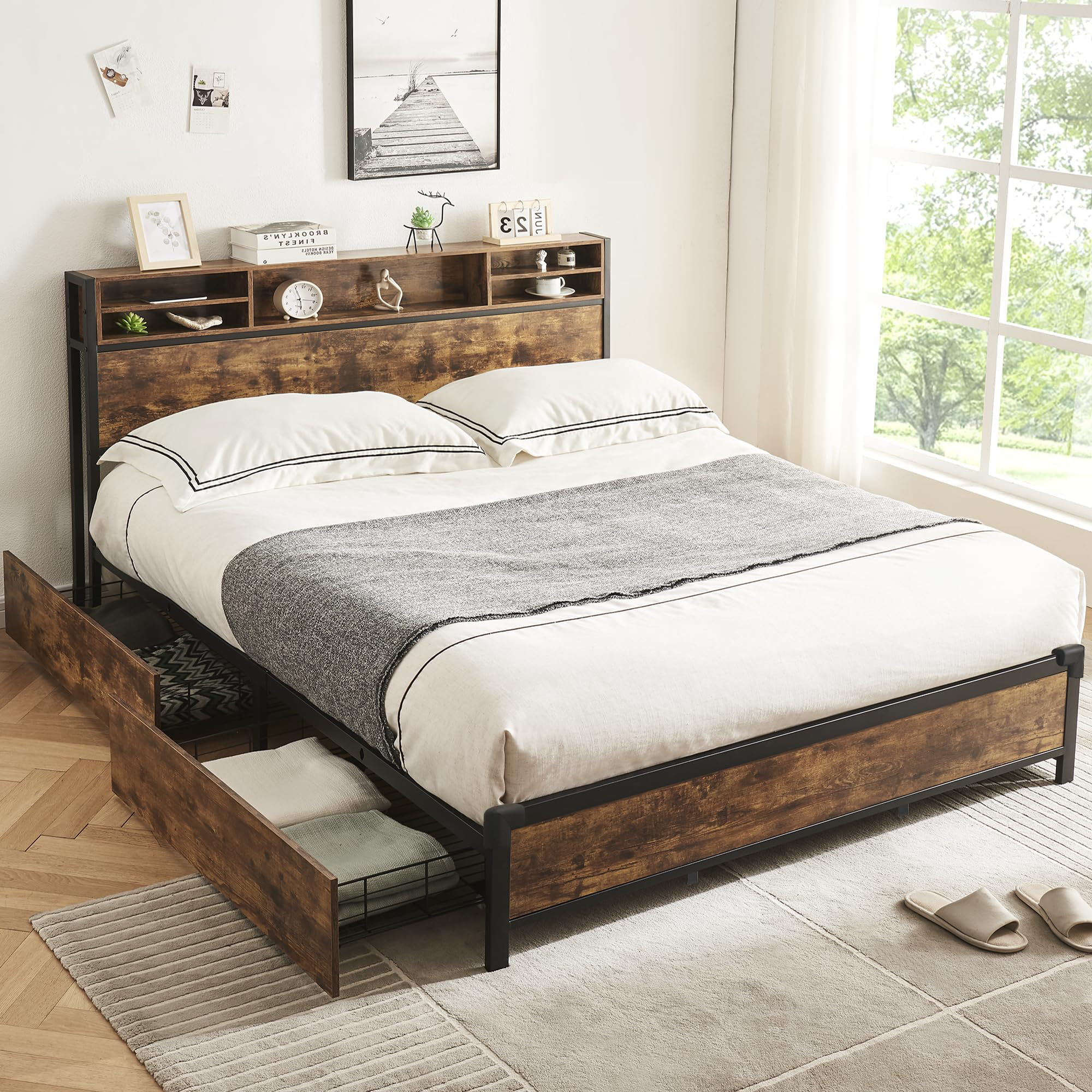 17 Stories Adriaan Bookcase Storage Bed, King Metal Platform Bed Frame with Headboard and 4