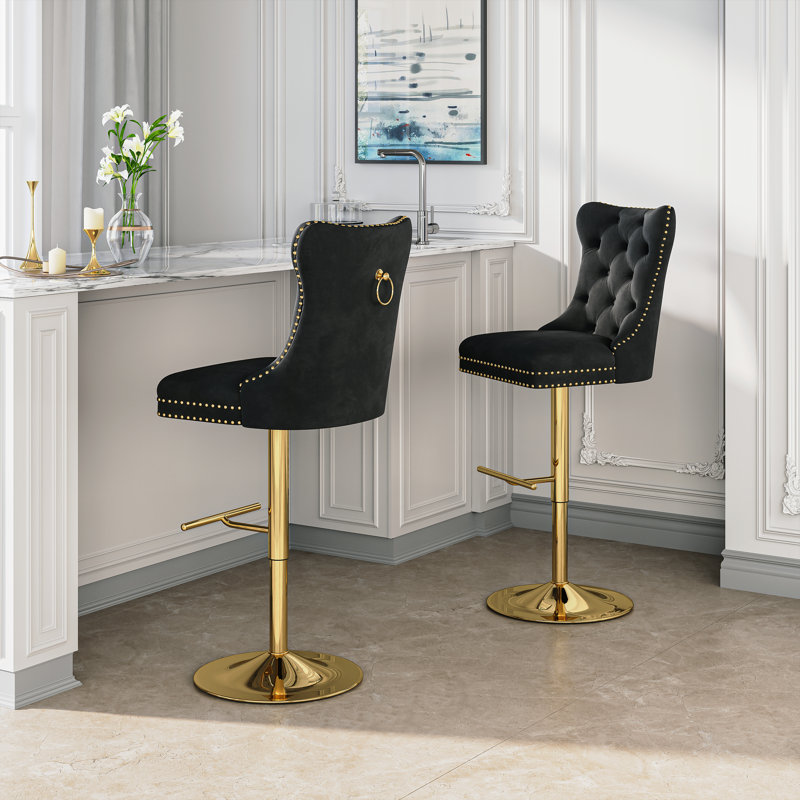 Modern Velvet Adjustable Swivel Counter Height Stools With Tufted Back Dining Chairs, Black Seat/ Gold Frame