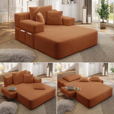 Luxurious Convertible Frameless Design & Compression Foam Plush Corduroy Chaise Lounge with 3 Pillows & Storage Pocket for Small Spaces, Living Room, Apartment
