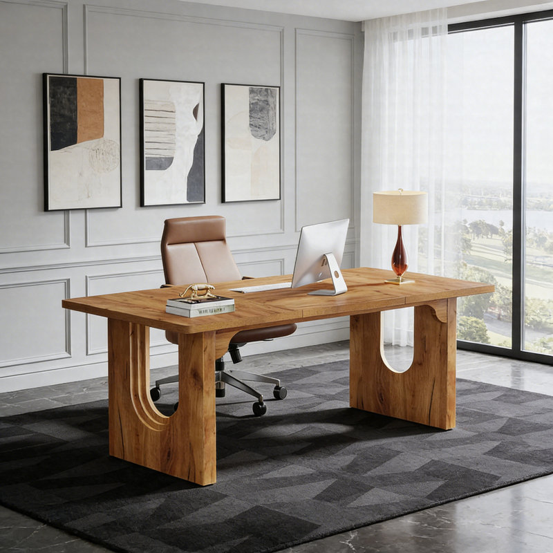 71" Executive Desk – Modern Office Table With Wood Double Pedestal Base