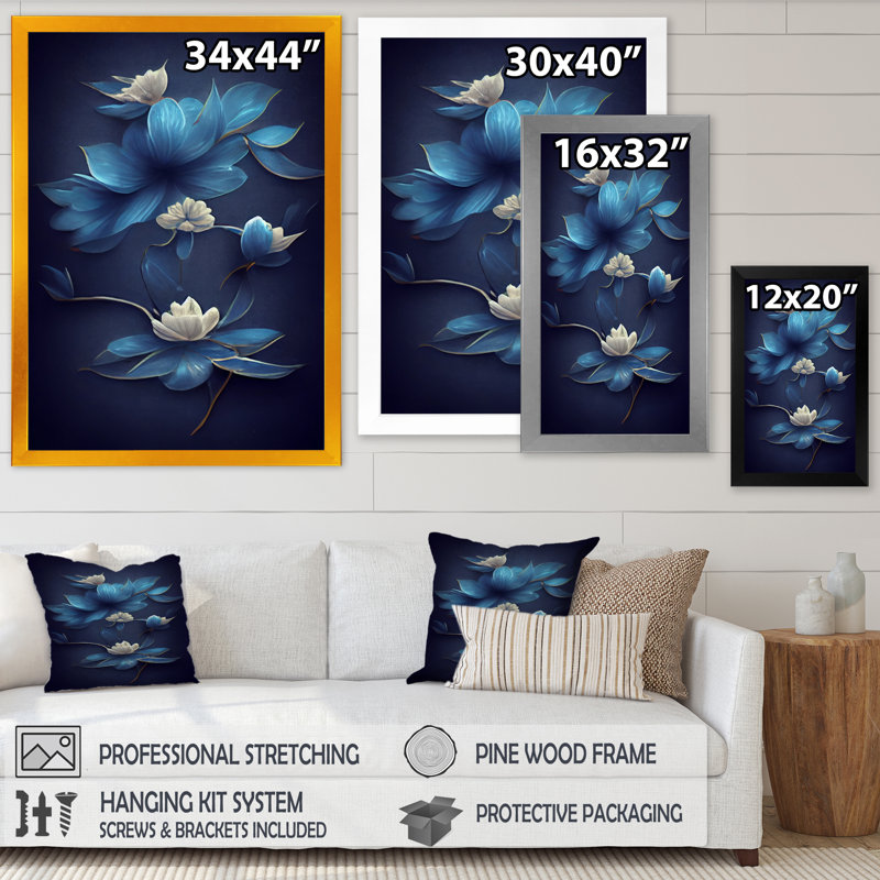 Fleurs chinoises bleues et blanches I - reproduction sur toile, H 32 po x l 24 po x P 1 po, Toile avec cadre doré