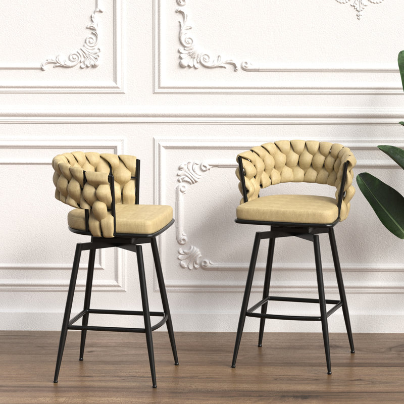 De 2 tabourets de bar tissés bruns. Revêtement en cuir technique, pivotant à 360 °, structure pour îlot de cuisine, tabourets de restaurant en cuir de 28 po. Degrés, tabourets de bar rembourrés, restaurants, îlots