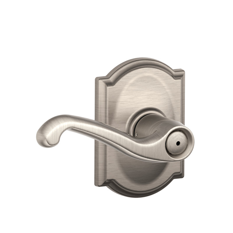 Flair Lever with Camelot Trim Bed and Bath Lock, Satin Nickel