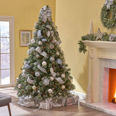 Arbre mélangé 9 'en cachemire et poils de neige avec 105 pommes de pin et 1200 lumières claires-UL, 2317 pointes, diamètre: 69