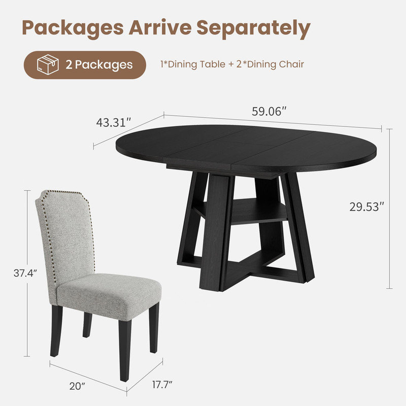 Ensemble table et chaises extensibles gain de place avec chaises rembourrées et rangement, pour 4 à 8 personnes, Black, 3