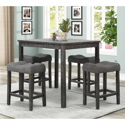 Ensemble de salle à manger carré style milieu du siècle 36 pouces : tabourets de hauteur 4, dessus de table en bois d'ingénierie anthracite, revêtement en lin mélangé, convient aux adultes, ensemble transitionnel 5 pièces, table, lin, bois dur.