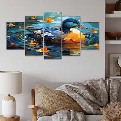 Yellow And Blue Duck By The Floral Pound II - Duck Multipanel Wall Art