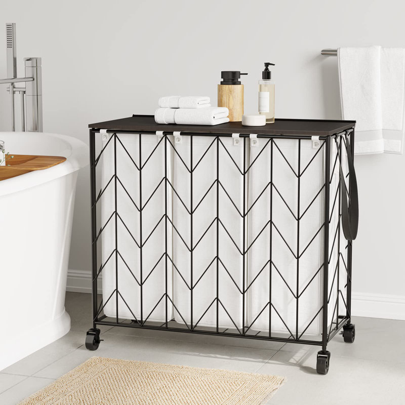 3-Section Laundry Hamper Sorter With Retractable Hanging Rod & Storage Shelf - 65.3" Clothes Drying Rack With Lockable Wheels For Heavy Duty Laundry Room Organization