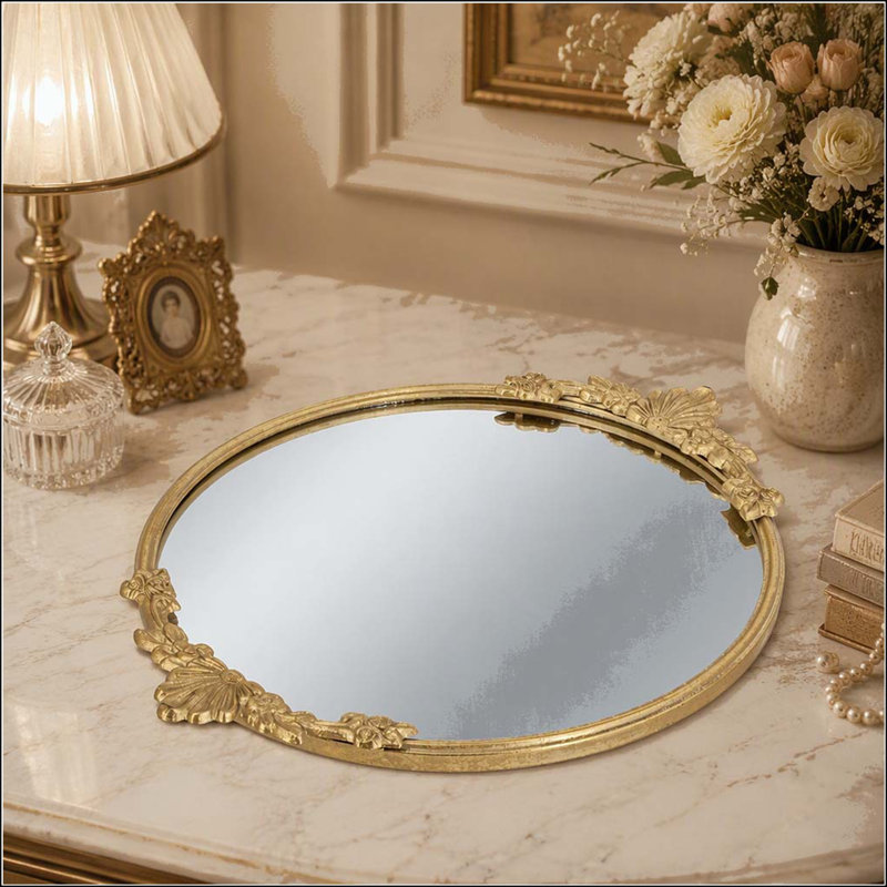 Round Mirror Tray with Gold Iron Frame and Floral Accents