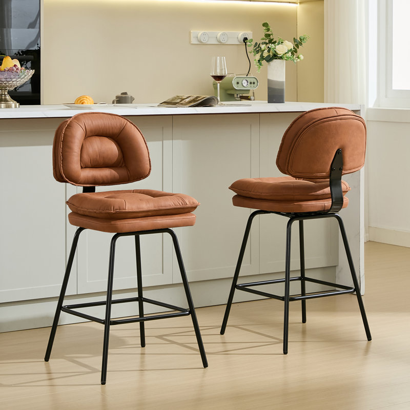 Swivel Kitchen Counter Stool with Black Metal Frame & Brown Faux Leather (Set Of 2), Brown
