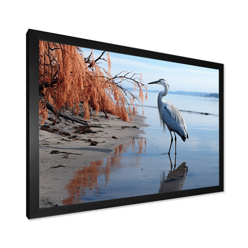 Heron Morning Stroll, reproduction d'art sur toile, H 16 po x l 32 po x P 1 po, Cadre photo noir