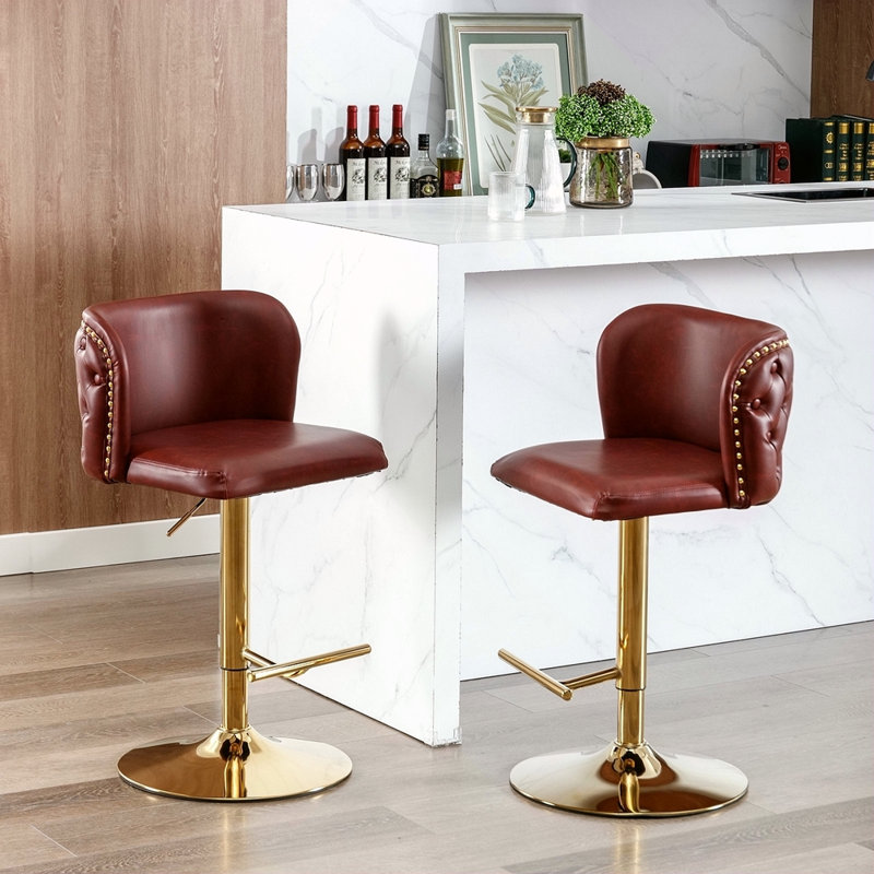 Meubles, tabourets de bar pivotants à hauteur de siège réglable, tabourets de bar rembourrés en polyuréthane moderne avec dossier complet capitonné, pour pub à domicile et îlot de cuisine (ensemble de 2)