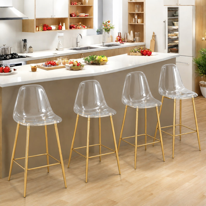 25.6" Modern Clear Acrylic Counter Height Bar Stools with Metal Frame and Footrest, Gold, 4
