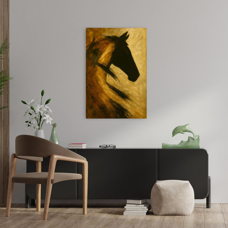 Art doré abstrait cheval contemporain, 36" H x 24" W