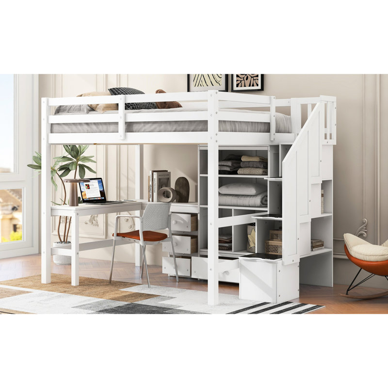 Lit mezzanine double blanc avec bureau en L, tiroirs, armoire et rangement d'escalier - Construction compacte et élégante