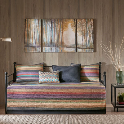 6 Piece Daybed Cover , Reversible Multi Stripe Pattern, Twin Size Mattress, Cover, 15" Drop , 3 Shams, Decorative Pillow, Machine Washable Multi Easy To Clean